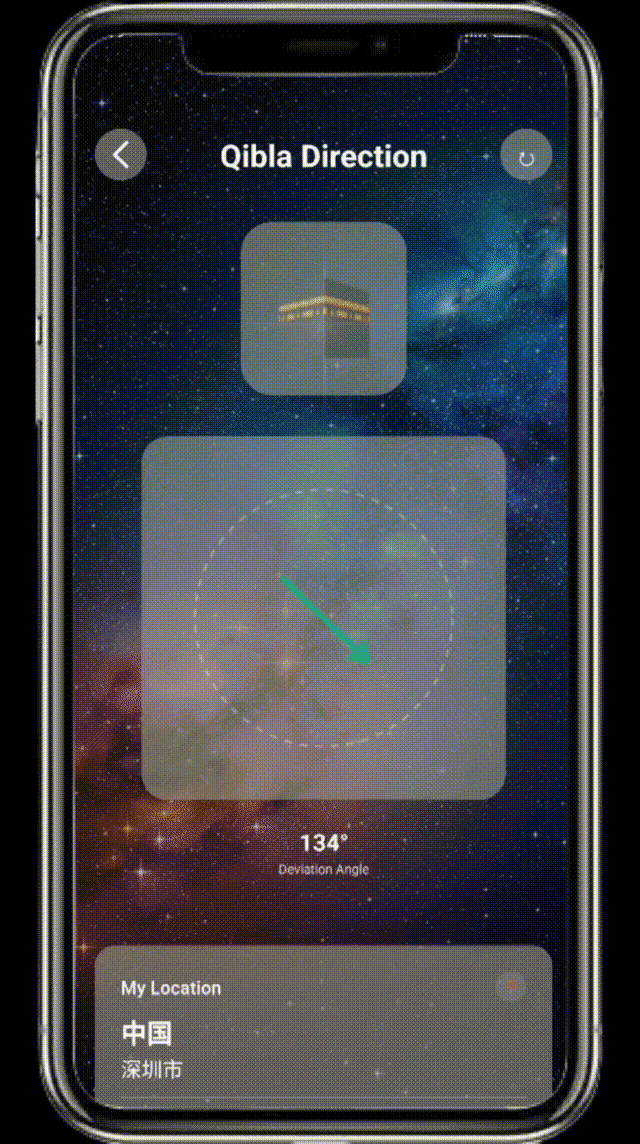 Qibla compass showing Kaaba direction